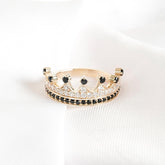 Black Onyx Crown Ring, Moissanite Pave Sterling Silver Wedding Band