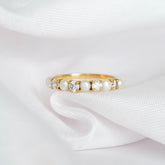 Pearl Wedding Band, Sterling Silver Moissanite Half Eternity Ring