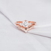 Moissanite Engagement Ring Set, Sterling Silver Bridal, Art Deco Chevron Band