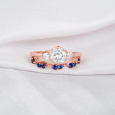 Moissanite Engagement Ring Set, Sterling Silver Art Deco Bridal with Blue Sapphire Band
