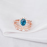 Blue Topaz Engagement Ring Set, Sterling Silver Halo, Moissanite Wedding Band