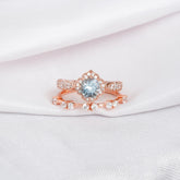 Aquamarine Engagement Ring Set: Sterling Silver Floral Halo, Moissanite Band