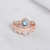 Aquamarine Sterling Silver Engagement Ring Set, Moissanite Crown Wedding Band