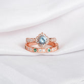 Aquamarine Engagement Ring Set, Emerald Wedding Band, Floral Art Deco Sterling Silver