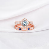 Aquamarine Ring Set, Blue Sapphire Wedding Band, Art Deco Sterling Silver