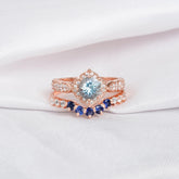 Aquamarine Ring Set: Sterling Silver Floral Halo, Blue Sapphire Chevron Band