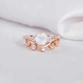 Moonstone Engagement Ring Set, Moissanite Leaf Wedding Band, Sterling Silver