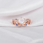 Moonstone Engagement Ring Set, Sterling Silver Sapphire Leaf Wedding Band