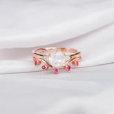 Moonstone Engagement Ring Set, Ruby Leaf Wedding Band, Sterling Silver