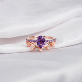Amethyst Engagement Ring Set, Moissanite Leaf Band, Sterling Silver