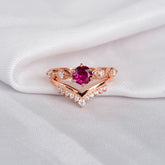 Ruby Engagement Ring Set: Moissanite Chevron Band, Sterling Silver