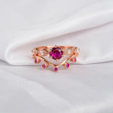 Ruby Ring Set, Sterling Silver Leaf Wedding Band