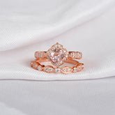 Morganite Sterling Silver Ring Set, Moissanite Halo, Art Deco Bridal