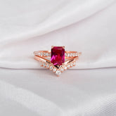 Radiant Cut Ruby Ring Set, Sterling Silver Art Deco Bridal Ring