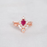 Art Deco Ruby Engagement Ring Set, Moissanite Chevron Band