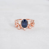 Blue Sapphire Engagement Ring Set, Moissanite Leaf Sterling Silver Wedding Band