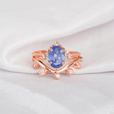 Blue Sapphire Engagement Ring Set, Moissanite Leaf Wedding Band, Sterling Silver