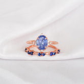 Blue Sapphire Engagement Ring Set, Sterling Silver Floral Halo Bridal Ring