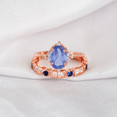 Blue Sapphire Engagement Ring Set, Art Deco Sterling Silver Floral Halo
