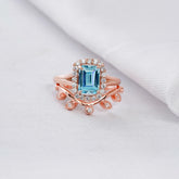 Aquamarine Engagement Ring Set, Emerald Cut Sterling Silver Leaf Wedding Band