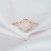 Hexagon Moonstone Engagement Ring, Art Deco Pave Halo, 925 Sterling Silver
