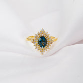 Blue Topaz Sterling Silver Engagement Ring, Sunflower Halo, Vintage Style