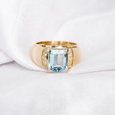 Emerald Cut Aquamarine Ring, Sterling Silver Wide Band with Moissanite