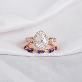 Moissanite Engagement Ring Set: Oval 2ct, Blue Sapphire Band, Sterling Silver