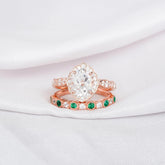 Art Deco Moissanite Engagement Ring Set, Sterling Silver Halo, Emerald Wedding Band