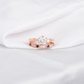 Moissanite Sterling Silver Engagement Ring Set: Art Deco Bridal, Blue Sapphire Band