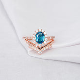 London Blue Topaz Ring Set: Sterling Silver Moissanite Chevron Wedding Band