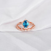 London Blue Topaz Ring Set, Moissanite Art Deco Wedding Band, Sterling Silver