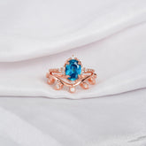 London Blue Topaz Sterling Silver Engagement Ring Set, Moissanite Leaf Band