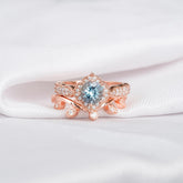 Aquamarine Engagement Ring Set, Moissanite Leaf Band, Art Deco Sterling Silver