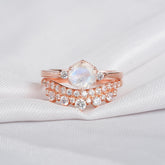 Moonstone Sterling Silver Engagement Ring Set, Moissanite Crown Band