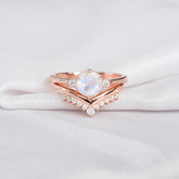 Moonstone Bridal Ring Set, Sterling Silver Moissanite Chevron Wedding Band