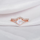 Moonstone Bridal Ring Set: Sterling Silver Hexagon Halo, Moissanite Band