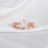 Moonstone Engagement Ring Set, Sterling Silver Hexagon Halo, Moissanite Wedding Band