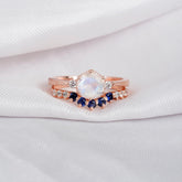 Sterling Silver Moonstone Engagement Ring Set, Blue Sapphire Wedding Band