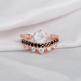 Moonstone Engagement Ring Set, Black Onyx Sterling Silver Crown Wedding Band