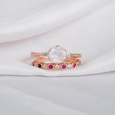 Moonstone Engagement Ring Set: Sterling Silver Hexagon Halo, Ruby Wedding Band
