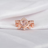 Morganite Engagement Ring Set, Floral Halo Moissanite Leaf Band