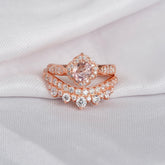 Morganite Engagement Ring Set: Sterling Silver Floral Halo, Moissanite Crown Band