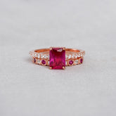 Radiant Cut Ruby Engagement Ring Set, Sterling Silver Art Deco Bridal Ring