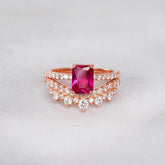 Ruby Ring Set: Radiant Cut, Sterling Silver, Art Deco Bridal Ring