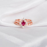 Sterling Silver Ruby Engagement Ring Set, Art Deco Moissanite Halo