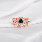 Alexandrite Engagement Ring Set: Sterling Silver Floral Halo, Moissanite Leaf Band