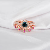 Alexandrite Engagement Ring Set, Pink Ruby Leaf Sterling Silver Wedding Band