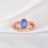 Blue Sapphire Engagement Ring Set, Moissanite Art Deco Wedding Band, Sterling Silver