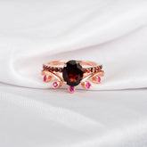 Garnet Engagement Ring Set, Ruby Leaf Wedding Band, Sterling Silver